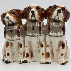 Vintage Cermic Coin Bank Piggy Bank Three Saint Bernard Dogs With Money Barrels~